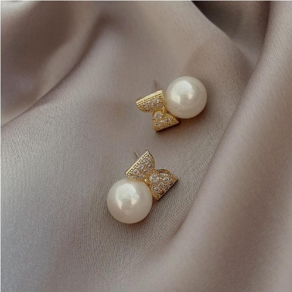 Minimalist Handmade Elegant Charm Cute Jewellery Pearl Bow Stud Earrings Womens Day Mothers Day Gift for Her Birthday Present Wedding