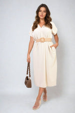 Women Summer Rolled Short Sleeve V Neck Midi Dress with Belt Detail