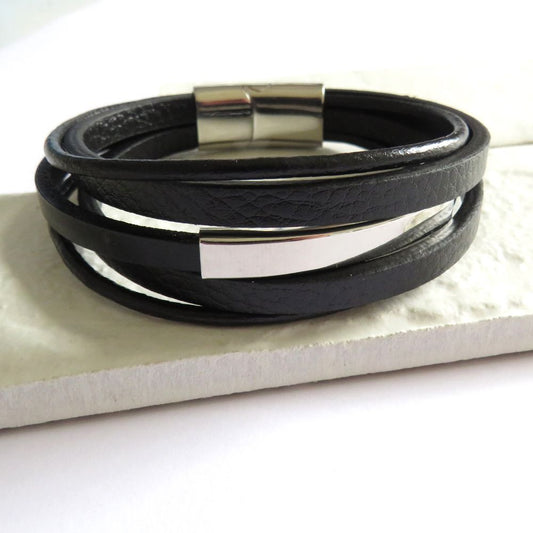 Men's Black Leather Bar Bracelet