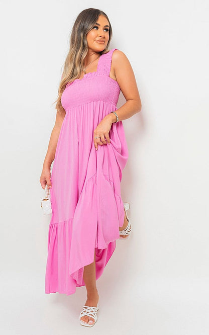 Wide Ruffle Strap Smocked Midi Dress