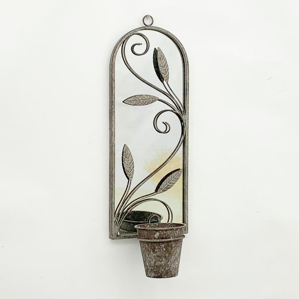 64CM WALL MIRROR WITH SINGLE PLANTER DECORATIVE METAL MIRROR DECOR