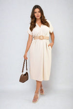 Women Summer Rolled Short Sleeve V Neck Midi Dress with Belt Detail