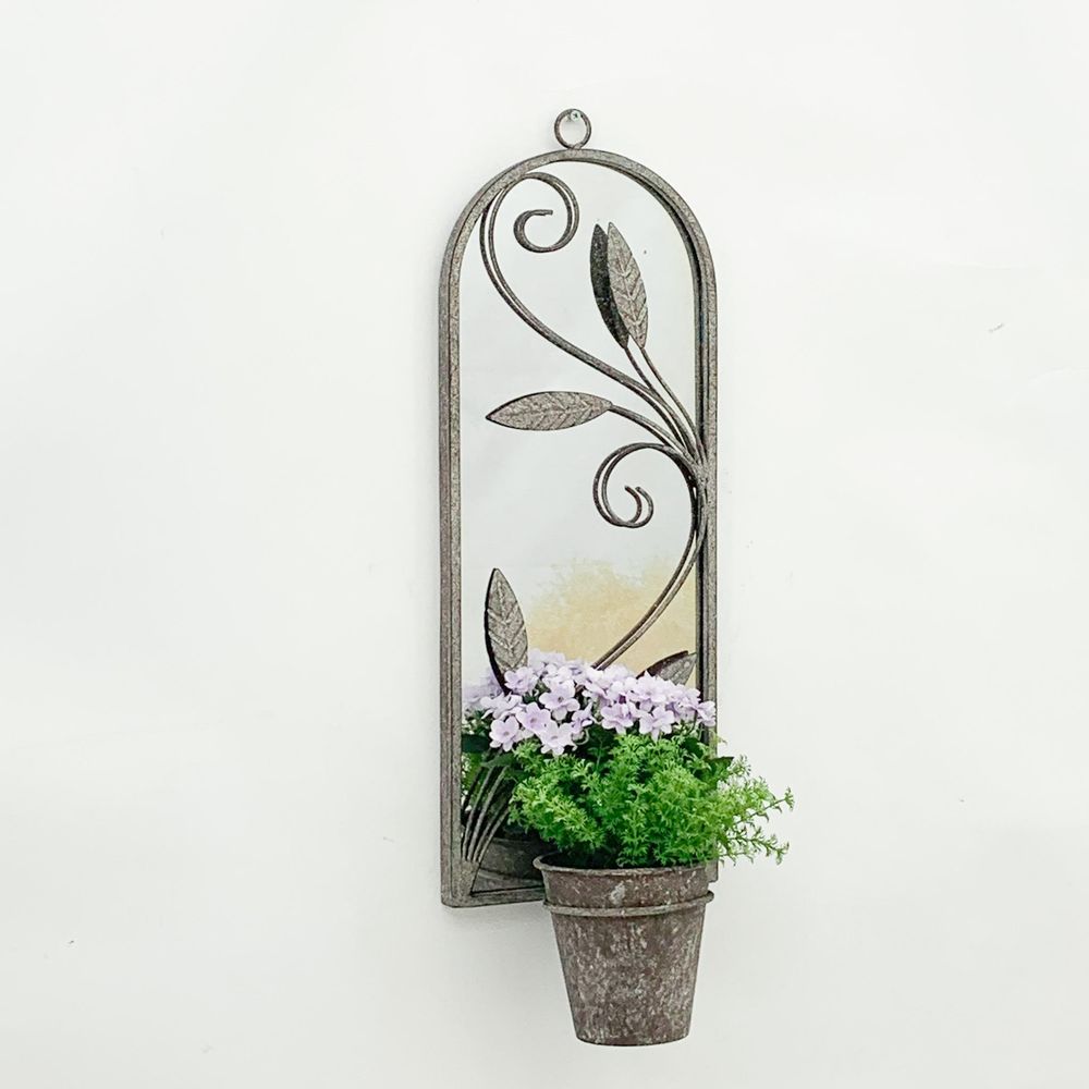 64CM WALL MIRROR WITH SINGLE PLANTER DECORATIVE METAL MIRROR DECOR