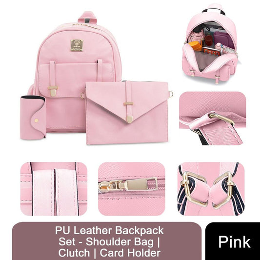 Aquarius Women PU Leather 3pcs Set - Shoulder Bag, Clutch & Card Holder Pink